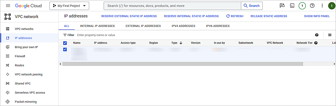 Screenshot of GCP IP address